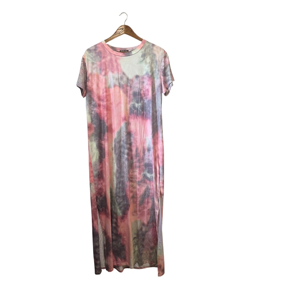 Swanky Sass Maxi Dress Womens L Pink Grey Tie Dye Short Sleeve Slit Excellent